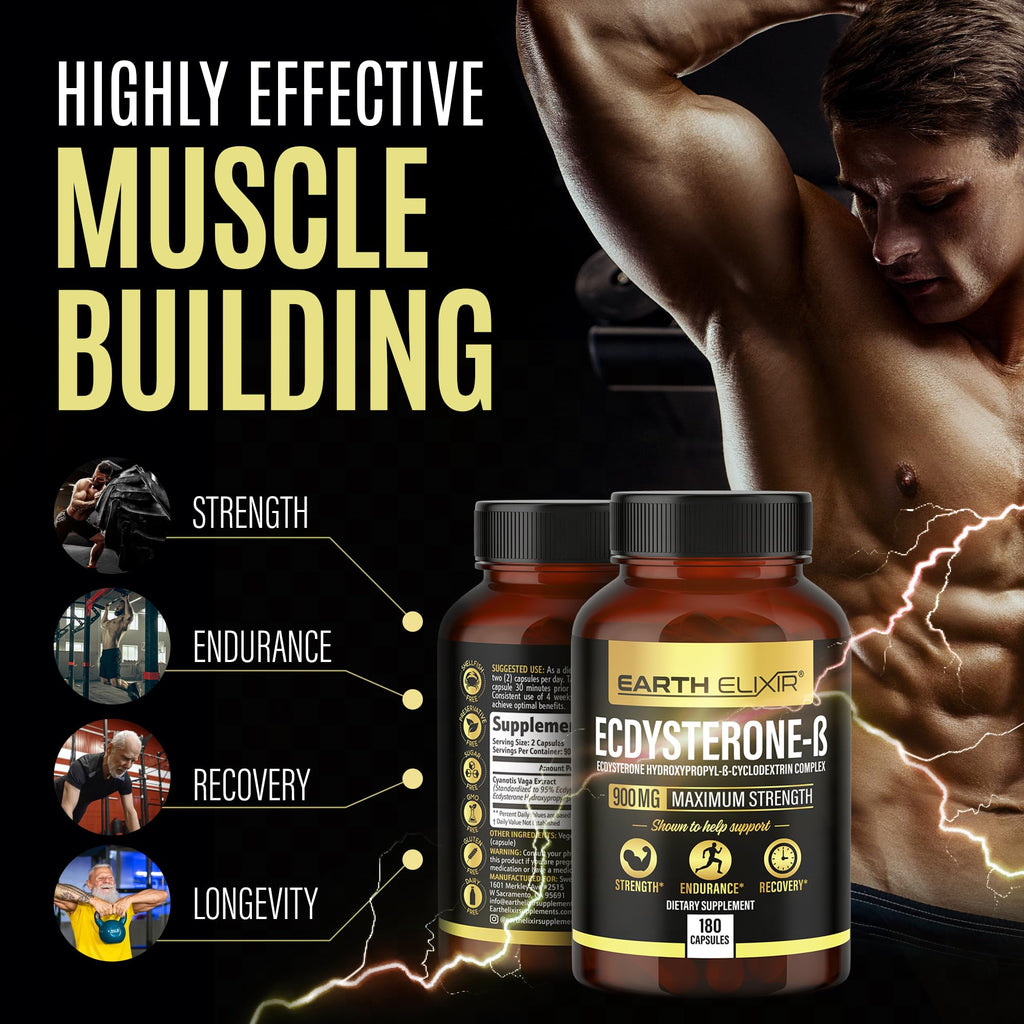 Earth Elixir Ecdysterone Supplements 900mg (180Capsules) – Made in USA - Muscle Building Supplements for Men w/ 95% Beta Ecdysterone w/Hydroxypropyl-β-Cyclodextrin for Enhanced Bioavailability