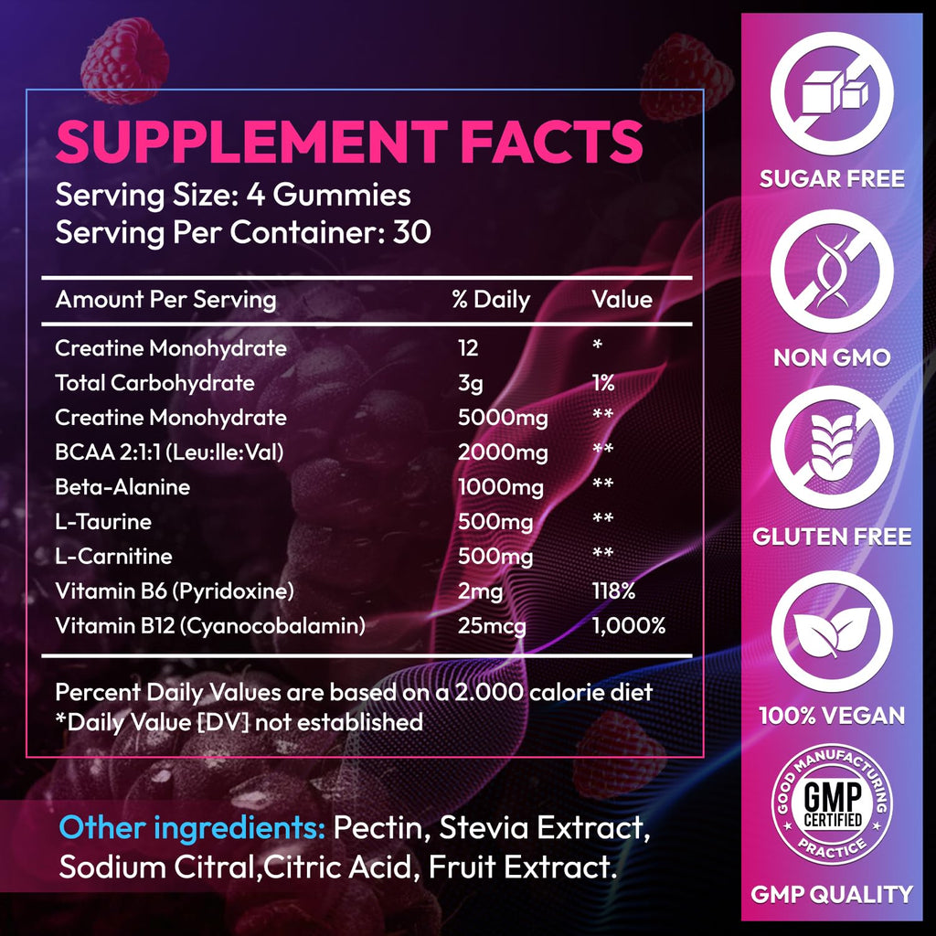 AEQNJV Creatine Gummies Monohydrate Complex 9000MG, Pre-Workout for Men & Women, Creatine Gummy with L-Taurine, BCAA 2:1, B12/6 for Muscle Support, Enhance Strength, Energy Boost-120 Count