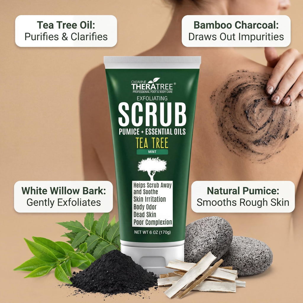 Oleavine TheraTree Tea Tree Oil Exfoliating Body Scrub - Deep Cleansing Foot & Body Charcoal Scrub with Peppermint, Spearmint & Neem - Soothing Exfoliator for Healthy-Looking Skin, 6 oz