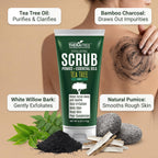 Oleavine TheraTree Tea Tree Oil Exfoliating Body Scrub - Deep Cleansing Foot & Body Charcoal Scrub with Peppermint, Spearmint & Neem - Soothing Exfoliator for Healthy-Looking Skin, 6 oz