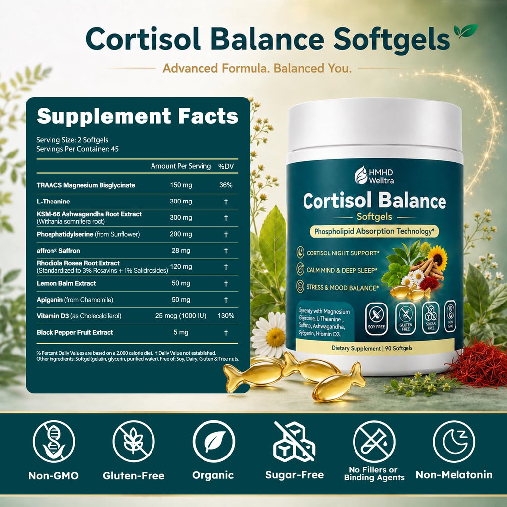 Cortisol Supplements for Women Men, 10-in-1 Cortisol Reducer Detox Manager Softgels w. Magnesium L-Theanine Apigenin Saffron Rhodiola, Evening Calm for Sleep Mood Energy, Non-Melatonin Liposomal