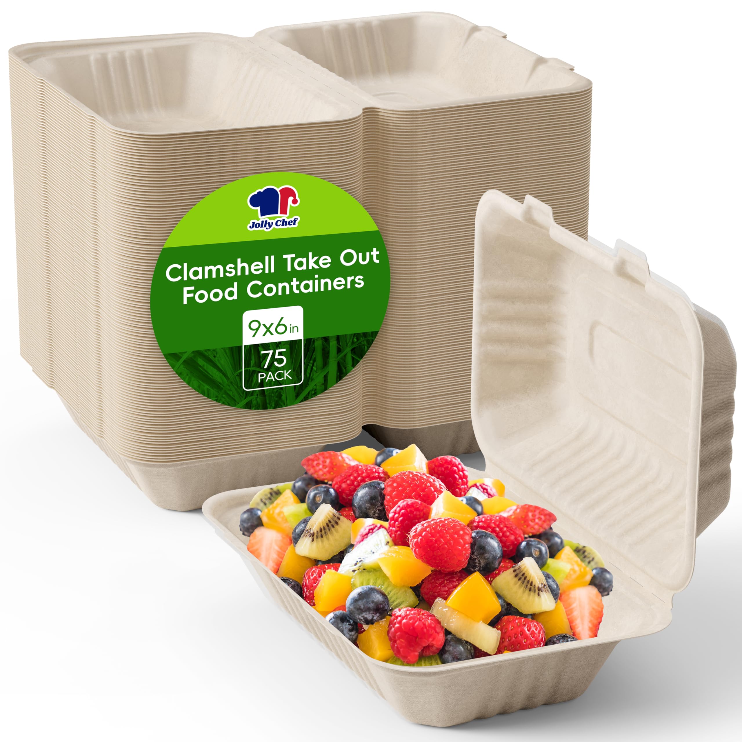 JOLLY CHEF Clamshell Take Out Food Containers, [75-Pack 9 * 6" ] To Go Containers Disposable, 100% Compostable Sugarcane To Go Boxes for Salad,Lunch