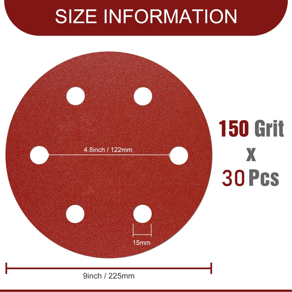 9 Inch Sanding Disc 150 Grit Hook and Loop Sandpaper for 6 Holes Drywall Sander Remove Popcorn Ceiling Sheetrock (30 PCS)