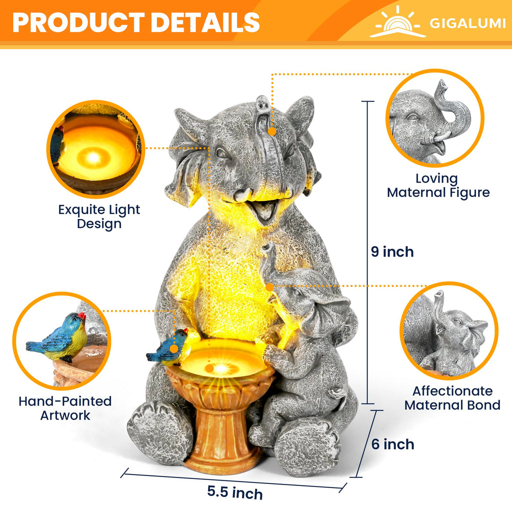 GIGALUMI Solar Garden Statues Bird Bath Elephant 9", Loving Elephant Decor, Yard Decorations Outdoor, Elephant Figurine Lights for Outside, Garden Decor Unique Housewarming Gifts for Women, Mom