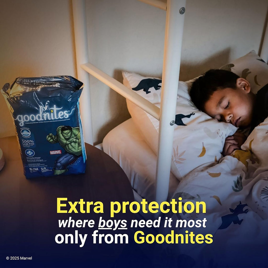 Goodnites Boys' Nighttime Bedwetting Underwear, Size S/M (43-68 lbs), 44 Ct (2 Packs of 22), Packaging May Vary