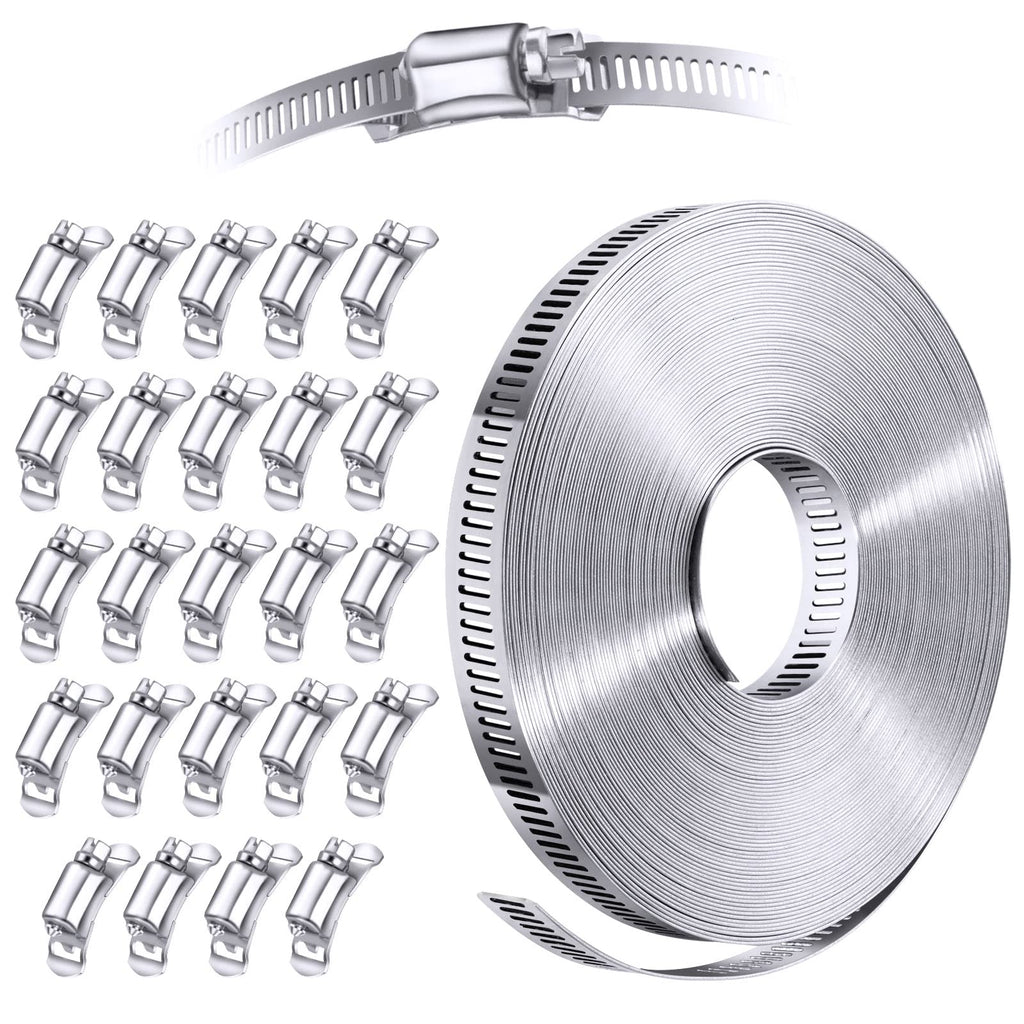 Steelsoft 304 Stainless Steel Hose Clamp Assortment Kit DIY, Cut-To-Fit 50 FT Metal Strap+24 Stronger Fasteners, Large Adjustable Worm Gear Hose Clamps Screw Clamps Duct Pipe Metal Clamp Strapping