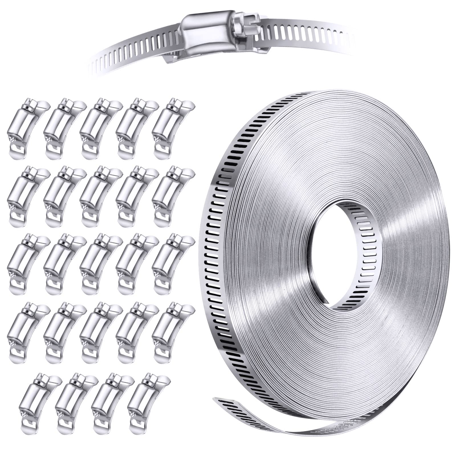 Steelsoft 304 Stainless Steel Hose Clamp Assortment Kit DIY, Cut-To-Fit 50 FT Metal Strap+24 Stronger Fasteners, Large Adjustable Worm Gear Hose Clamps Screw Clamps Duct Pipe Metal Clamp Strapping