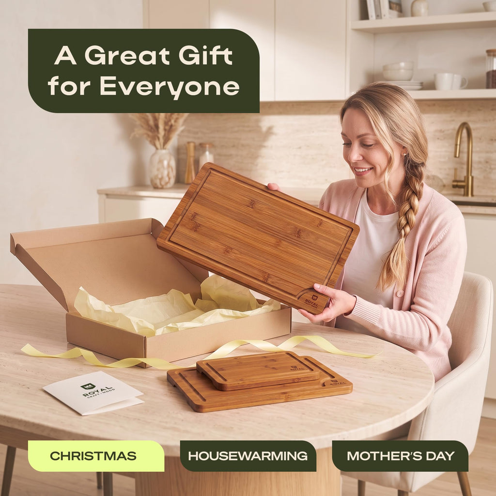 ROYAL CRAFT WOOD Wooden Cutting Boards for Kitchen Appliances - Non Toxic Bamboo Wood Cutting Board Set with Deep Juice Groove, Side Handles, Charcuterie & Butcher Block for Meat, Meal Prep & Serving