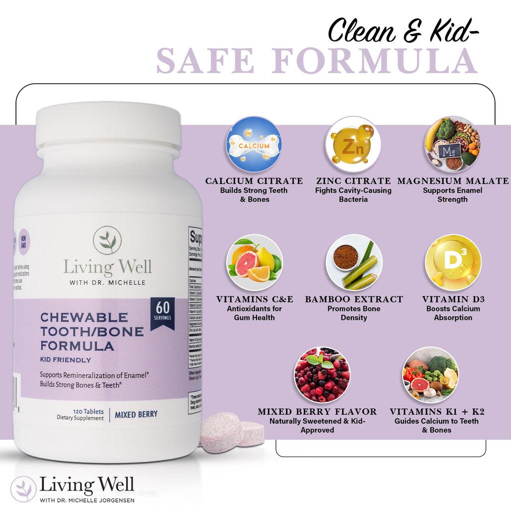 Living Well Kids Calcium & Tooth Support – Chewable Bone Health Vitamins with D3 + K2, Magnesium & Zinc – Strong Teeth & Enamel Defense – Berry Flavor – Fluoride-Free, Non-GMO