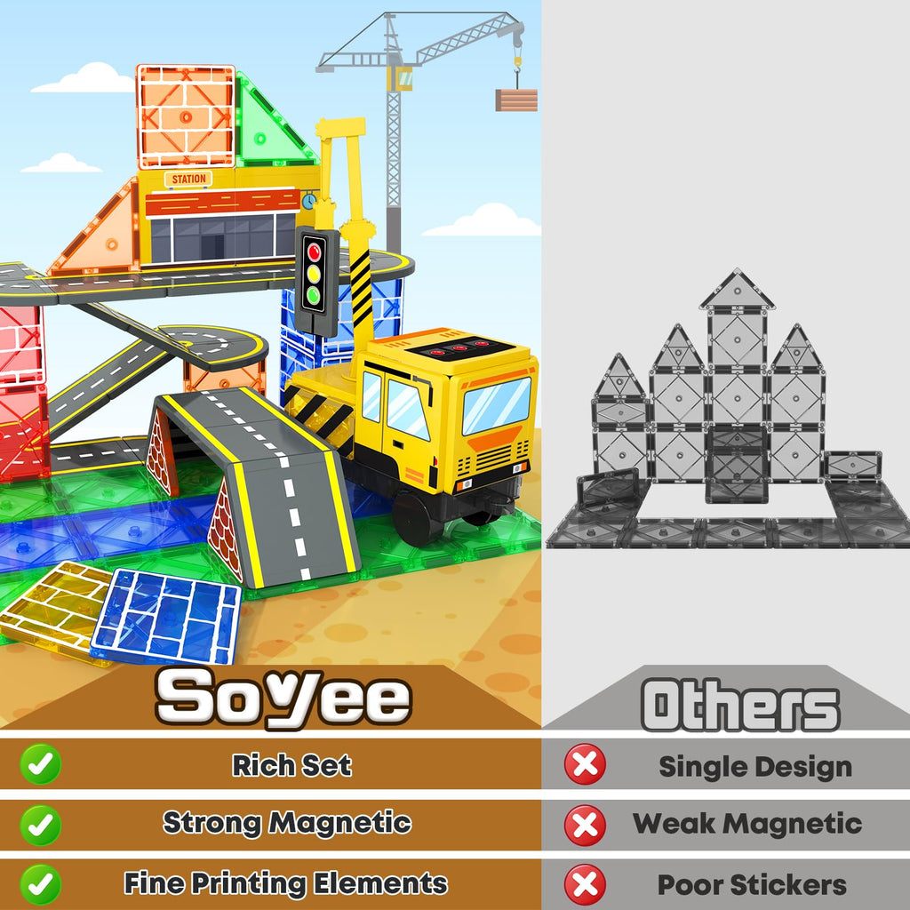 Magnetic Tiles Magnetic Construction Set with 2 Cranes Boys Toys for Ages 3-5 5-7 8-10 Building Toys Includes Crane, Road Tracks, Train, Train Tracks, Dolls, Car Toy, Traffic Lights and Stations