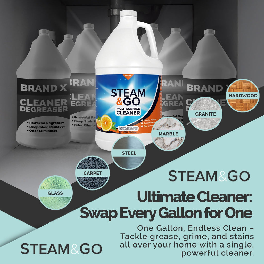 Steam & Go Multi-Purpose Cleaner Spray Refill with Oxy Power for Multi-Surfaces - Removes Stains, Eliminates Odors, & Degreases - Orange Scent, 1 gal