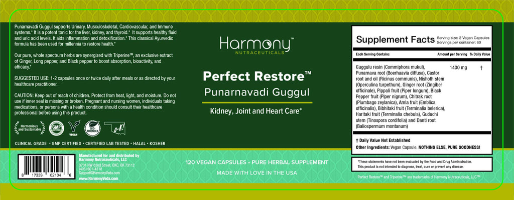 Punarnavadi Guggul Perfect Restore Dr. Gumman's Clinical Grade Highest Potency Maximum Strength Harmony Nutraceuticals 120 Vegan Capsules