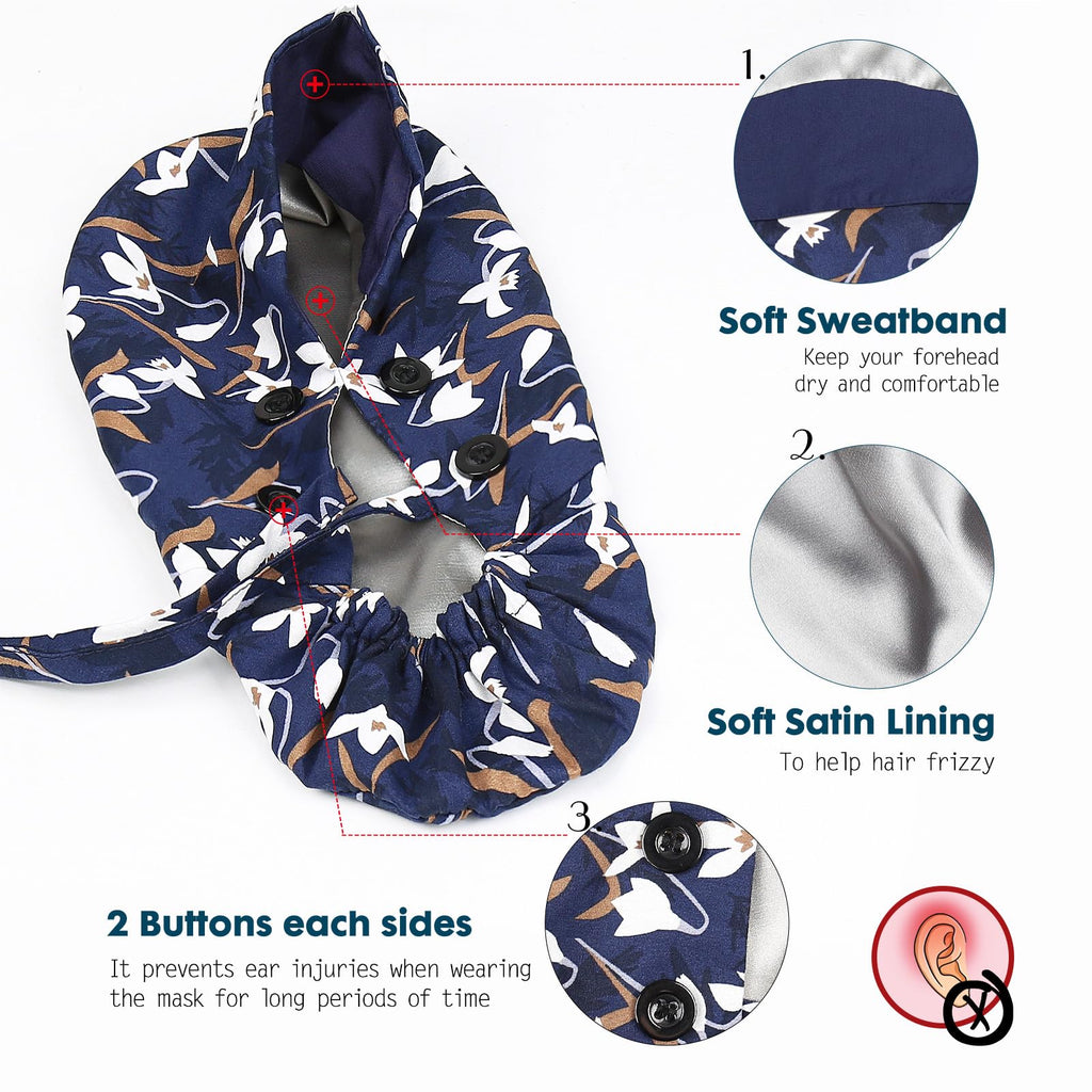 2 Pack Satin Lined Scrub Caps with Buttons & Sweathand, Surgical Caps for Women