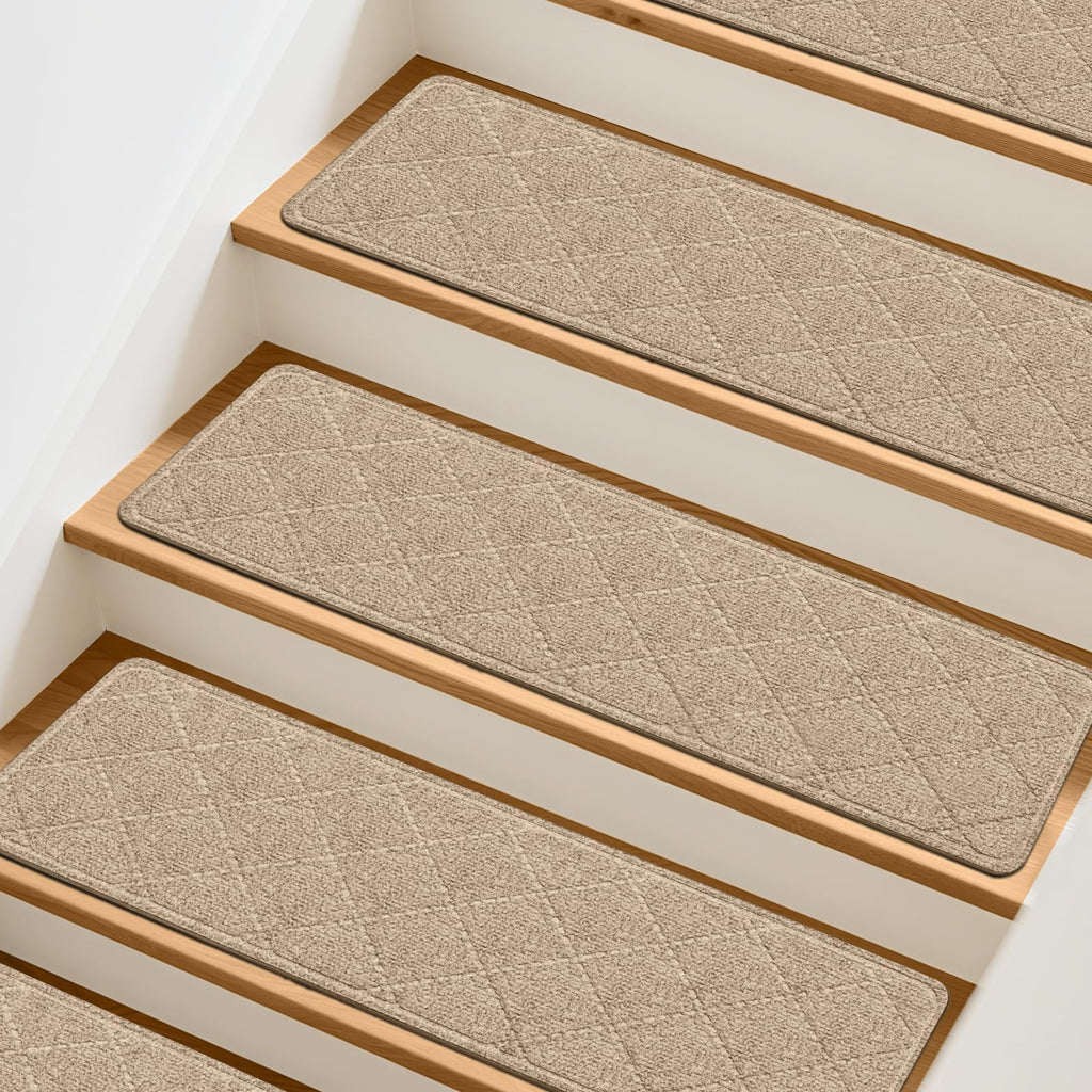 TranquilMoments Stair Treads Non-Slip for Wooden Steps, 4Pack - 8" x 30" Edging Stair Runner Indoor for Kids Elders & Pets, Washable Carpet Stair Treads with Peel & Stick Reusable TPE Backing, Beige