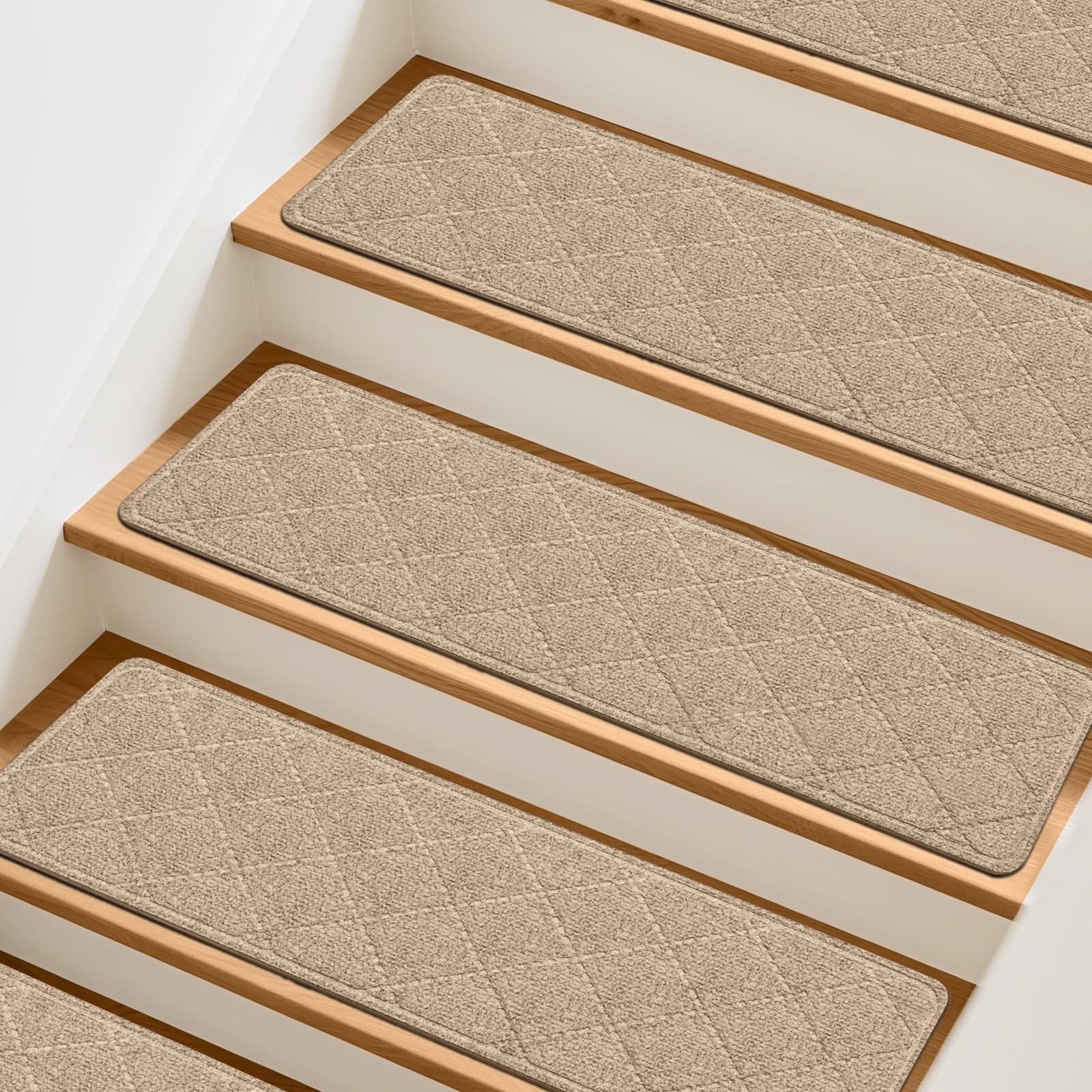TranquilMoments Stair Treads Non-Slip for Wooden Steps, 4Pack - 8" x 30" Edging Stair Runner Indoor for Kids Elders & Pets, Washable Carpet Stair Treads with Peel & Stick Reusable TPE Backing, Beige