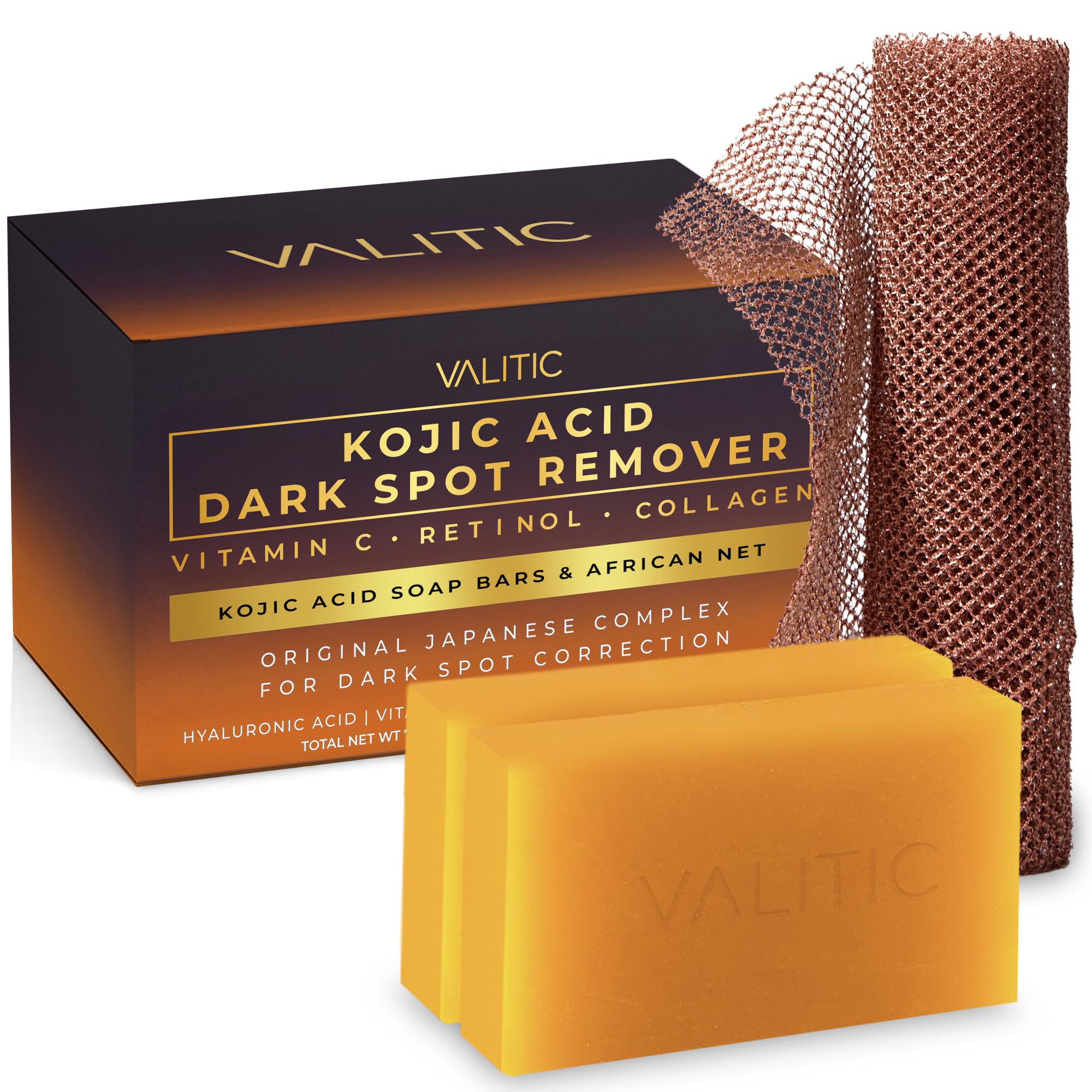 VALITIC Kojic Acid Dark Spot Remover Soap with Turmeric, Vitamin C, Retinol - Original Japanese Complex with Hyaluronic Acid, Vitamin E, Shea Butter, Castile Olive Oil - 2 Pack and African Net Sponge