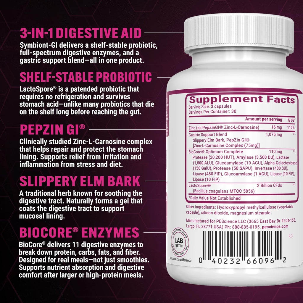 PEScience Symbiont-GI Gut Health Capsules with Zinc Carnosine Pepzin GI, Shelf Stable Probiotic, Digestive Enzymes, Slippery Elm Bark, 30 Day Supply, 90 Capsules