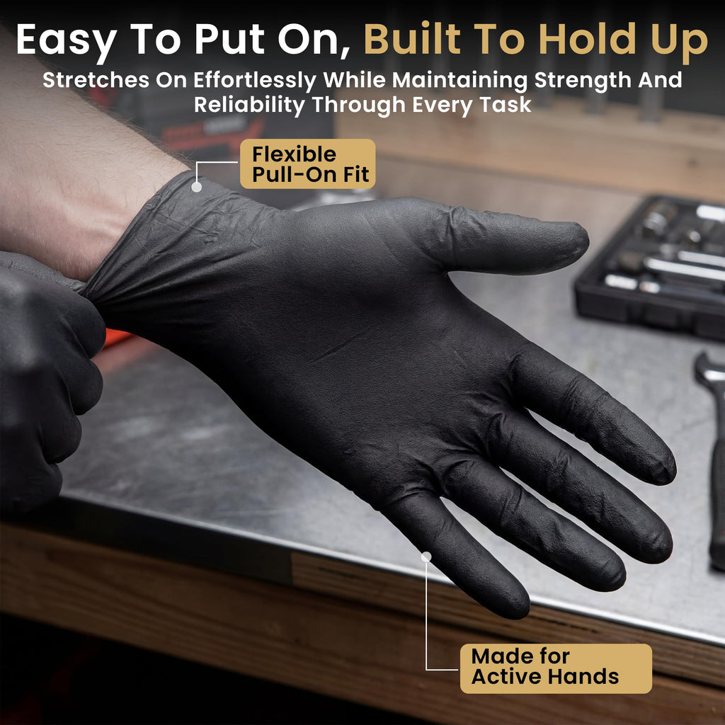FifthPulse 6 Mil Black Nitrile Gloves Medium, 200 Count Heavy-Duty Disposable Gloves for Mechanics, Food Prep, and Medical Use - Powder-Free, Latex-Free, Extra Thick & Puncture-Resistant Rubber Glove