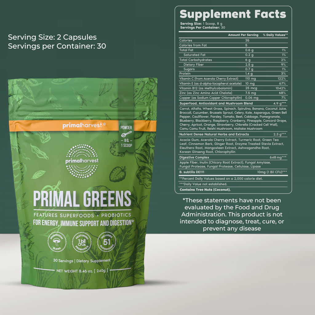 Primal Harvest Primal Greens Powder, 30 Servings Once Daily Supergeens Nutritional Supplement with Spirulina, Mushroom Blend & Probiotics to Support Energy, Wellness, & Digestion 2 Pack