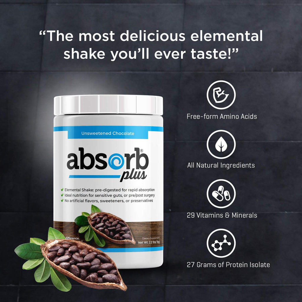 Absorb Plus Isolate Protein - Diet Supplement for Improved Gut Health, Extra Nutritional Support, Non-GMO, Gluten-Free, Lactose-Free, Casein-Free (100 g, Unsweetened Chocolate)