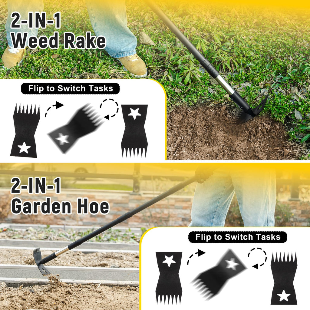 BlumeTrec 2-in-1 Weed Rake and Garden Hoe, 68" Weed Puller Tool with Long Handle, Manual Weeds Remover, Heavy Duty Stand Up Weeder Uprooting Weeding Pull Tool for Garden Yard Lawn Patio