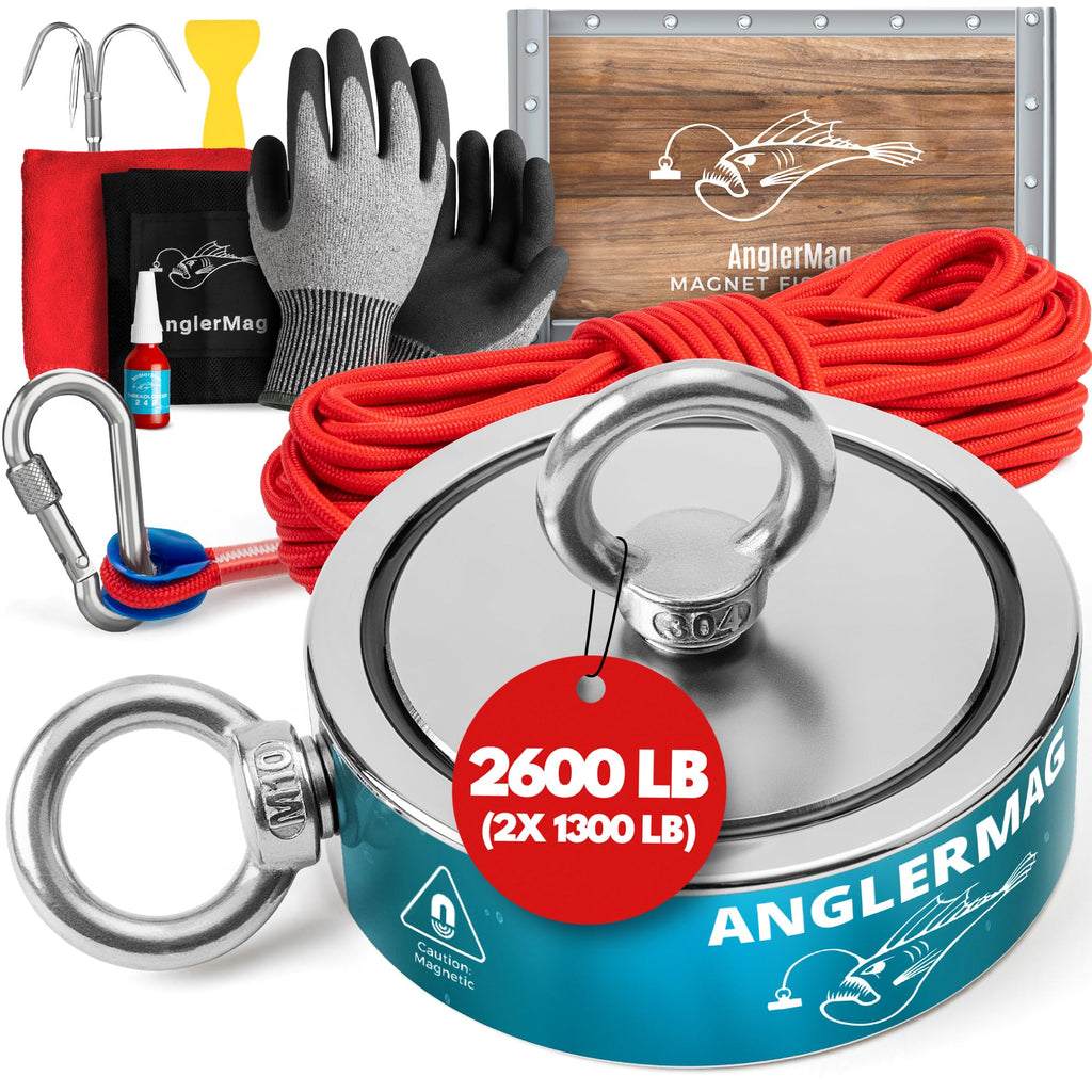 AnglerMag Magnet Fishing Kit - 2600 lbs Double Sided Neodymium Magnetic Fishing Stuff with Rope - 10 PCS Extra Strong Complete Gift Set with eBook, Carabiner, Gloves, Grappling Hook & Carrying Bag