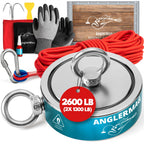 AnglerMag Magnet Fishing Kit - 2600 lbs Double Sided Neodymium Magnetic Fishing Stuff with Rope - 10 PCS Extra Strong Complete Gift Set with eBook, Carabiner, Gloves, Grappling Hook & Carrying Bag