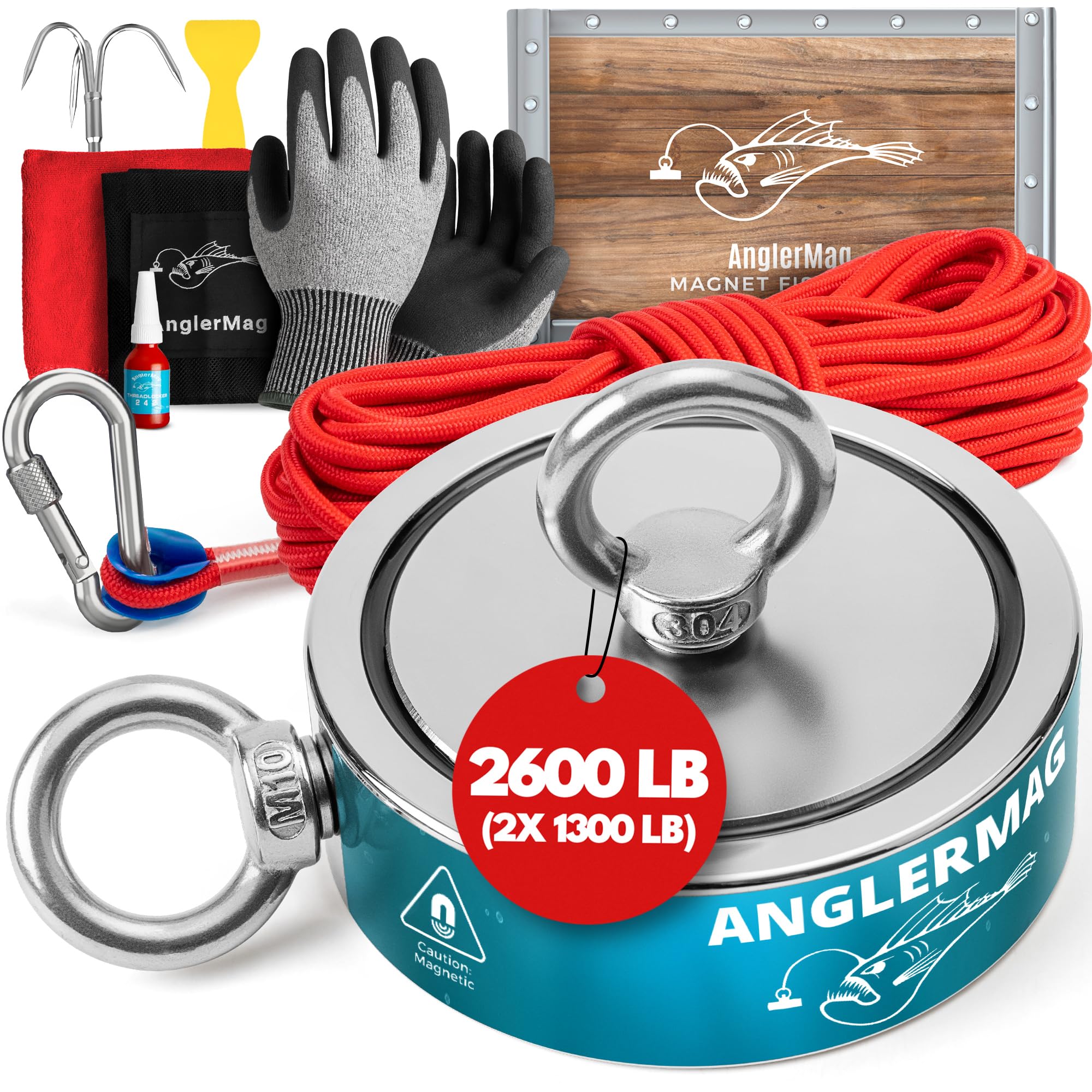 AnglerMag Magnet Fishing Kit - 2600 lbs Double Sided Neodymium Magnetic Fishing Stuff with Rope - 10 PCS Extra Strong Complete Gift Set with eBook, Carabiner, Gloves, Grappling Hook & Carrying Bag