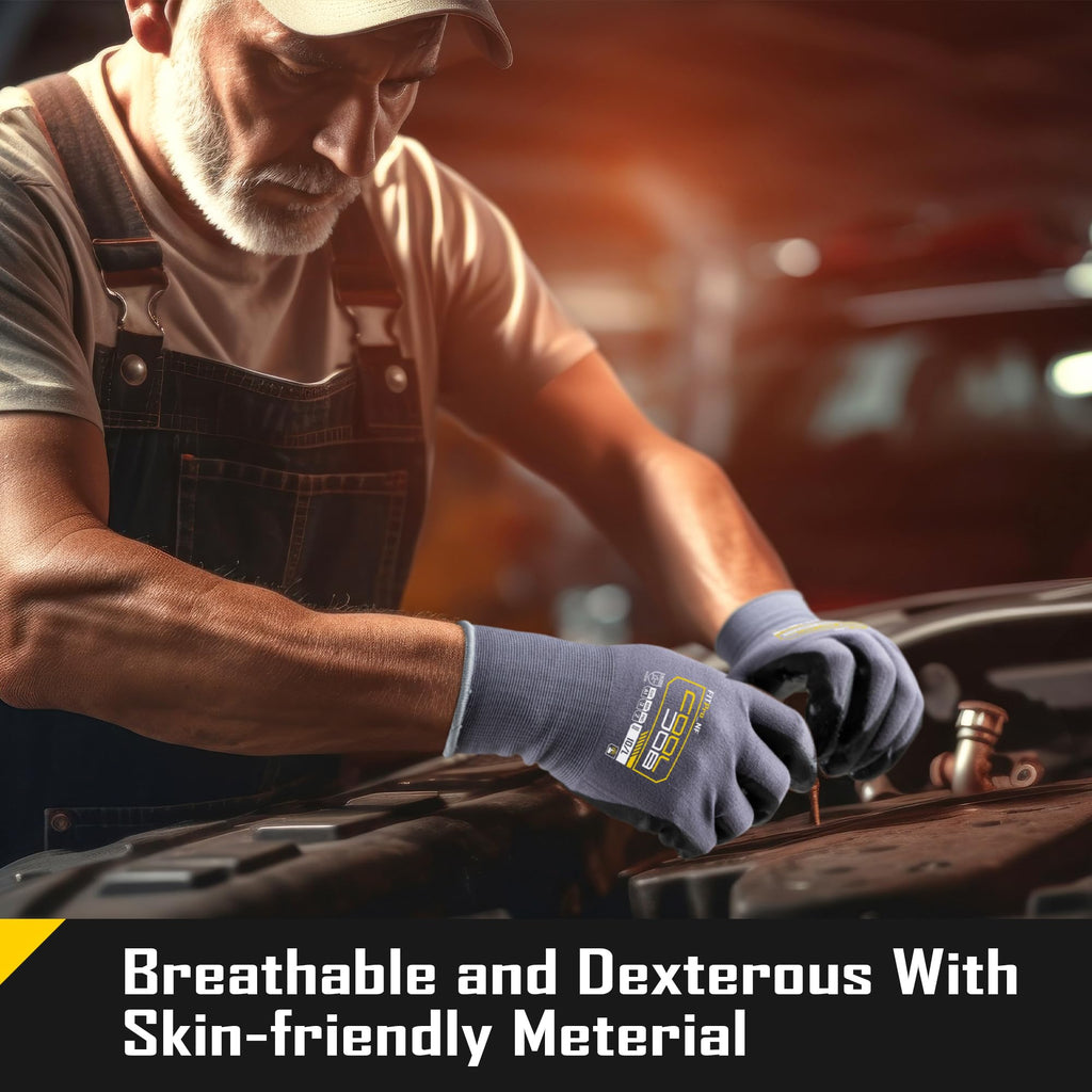 COOLJOB 12 Pairs Nitrile Rubber Coated Nylon Safety Work Gloves Pack Bulk, Dotted for Non-Slip Grip, Breathable Soft Seamless Knit Nitrile Dipped Gloves for Warehouse, Home Improvement, Yard, Small