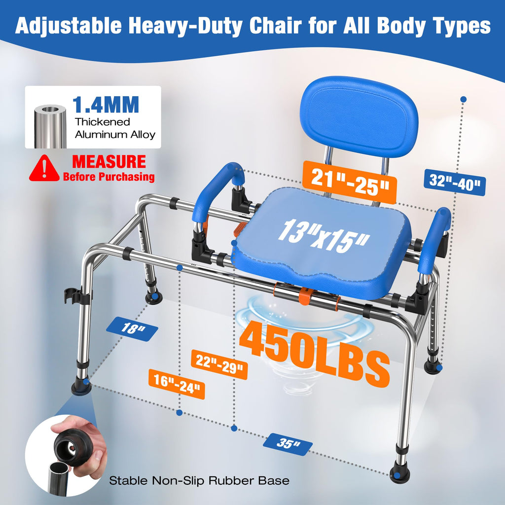WHLICKS Sliding Shower Chair with Wide 360° Swivel Seat, 450lbs Tub Transfer Bench for Bathtub, Adjustable Height and Arms Width Shower Seat for Inside Shower, Shower Chair for Elderly and Disabled