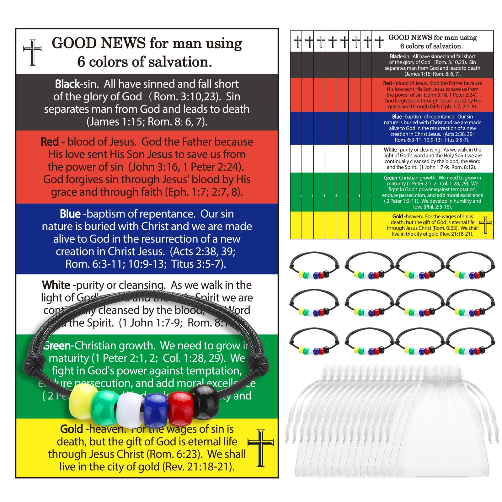 Ferreve 150 Pcs Plan of Salvation Bracelet Kit Includes Gospel Bead Bracelets Prayer Pocket Cards Gospel Tracts Organza Bags for Christian Religious Church Souvenir Faith Gifts