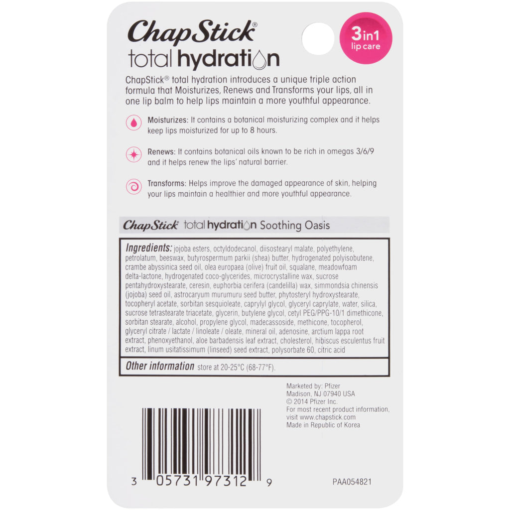 ChapStick Total Hydration Soothing Oasis Moisturizing Lip Balm Tube, Lip Balm for Lip Care - 0.12 Oz