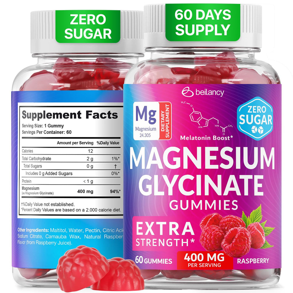Magnesium Glycinate Gummies 400mg, Muscle Support and Relaxation, Magnesium Supplement for Women, Men and Kids, High Absorption, Sugar Free, Vegan, 60 Days Supply, Raspberry Flavor