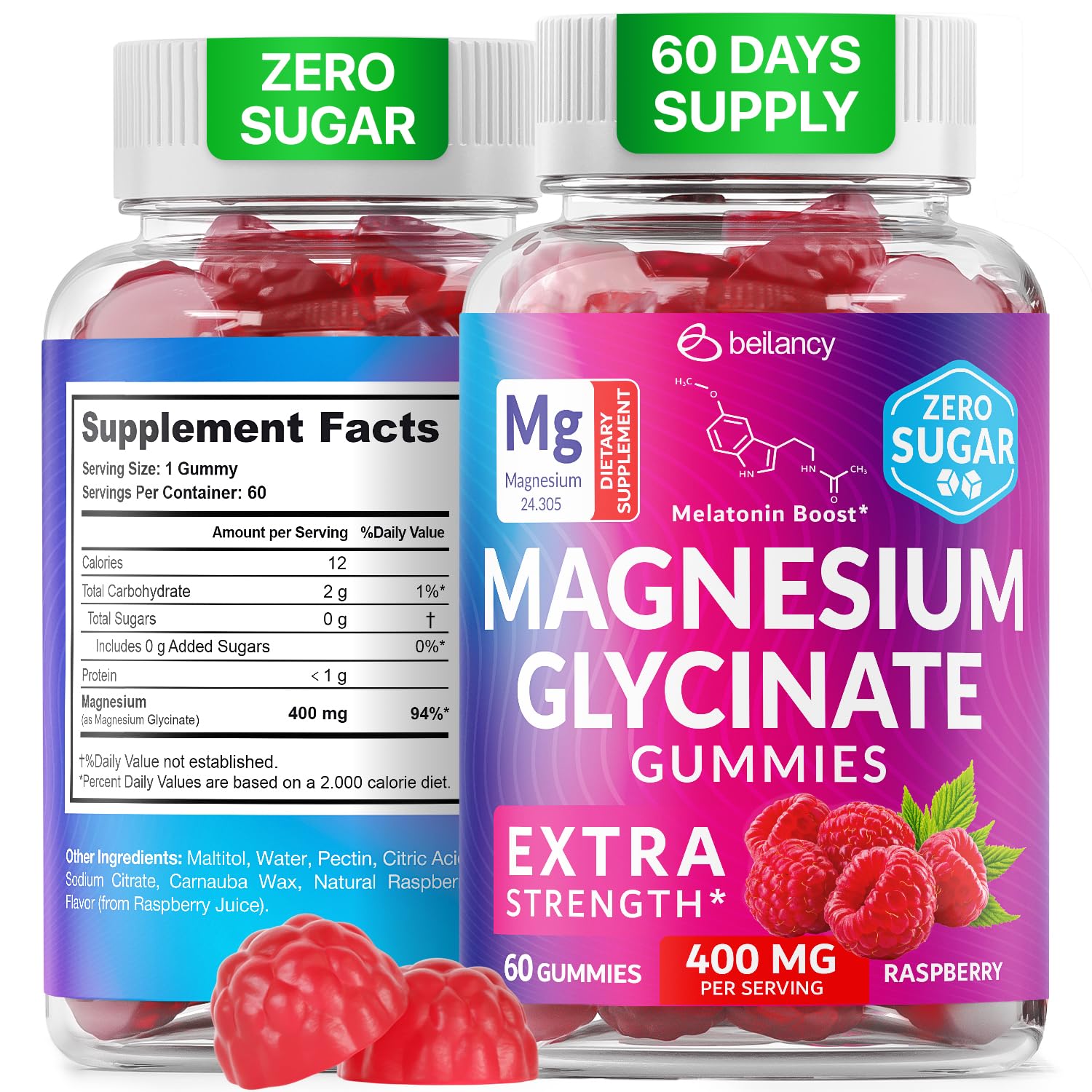 Magnesium Glycinate Gummies 400mg, Muscle Support and Relaxation, Magnesium Supplement for Women, Men and Kids, High Absorption, Sugar Free, Vegan, 60 Days Supply, Raspberry Flavor