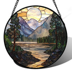 AMDERVEN Stained Glass Window Hanging, Sunset Mountains Lake Tree Sun Catcher for Window Home Decor Landscape Suncatcher Mother's Day Birthday Gifts for Women Men Mom and Nana 11.8 in