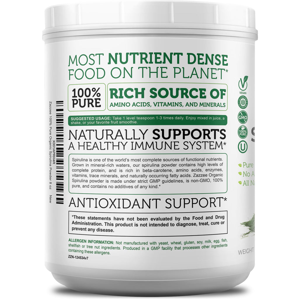 Zazzee USDA Organic Spirulina Powder, 8 Ounces, 68 Servings, Certified Kosher, 100% Pure, Non-Irradiated, Mess-Free Wide Mouth Container, Fresh Smell and Neutral Taste, Non-GMO, Made in The USA
