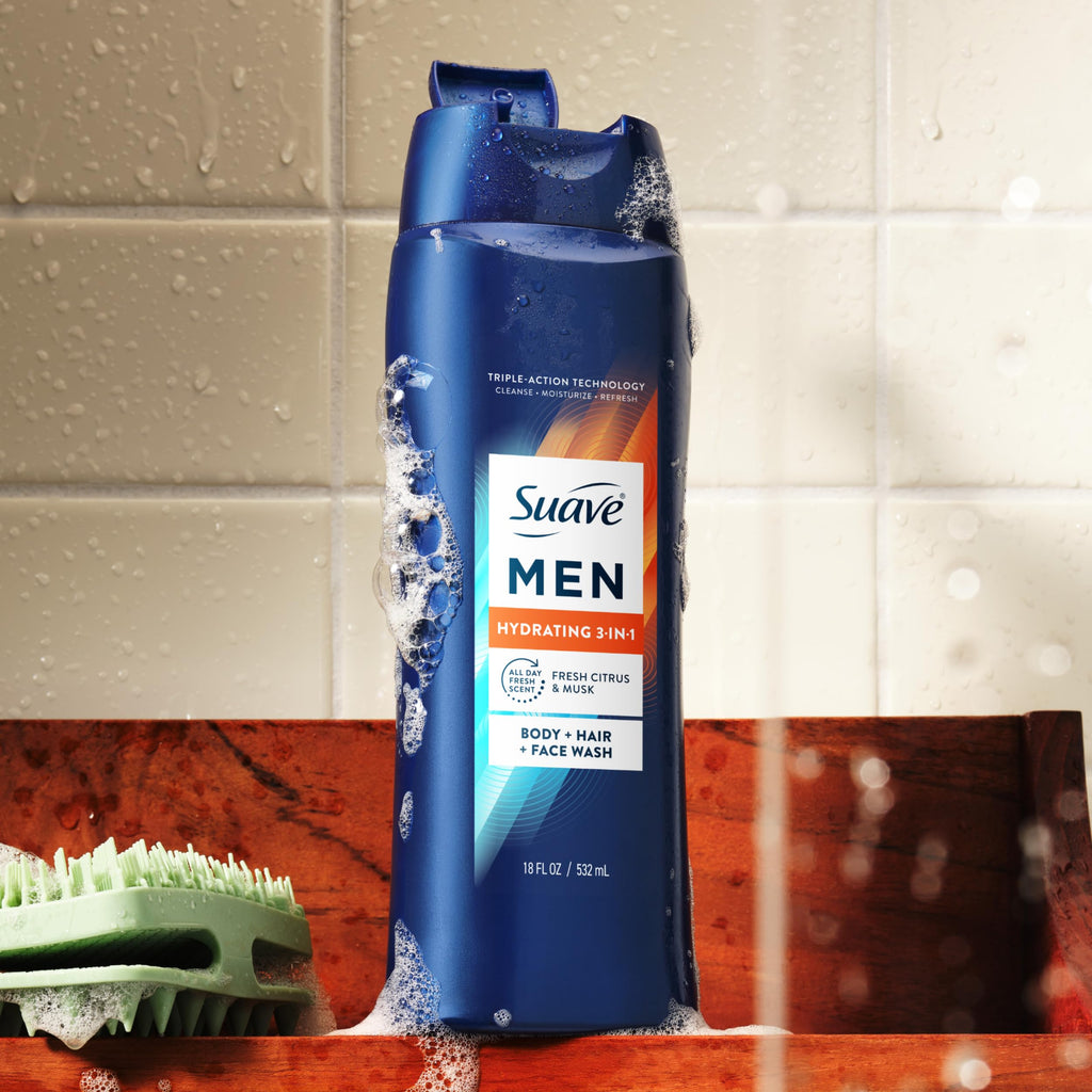 Suave Men Hydrating 3-in-1 Body + Hair + Face Wash with Glycerin & Vitamin E, Cleanse, Moisturize, Refresh, No Parabens or Pthalatates, Long-Lasting Fragrance, 18 FL OZ, 6 Count