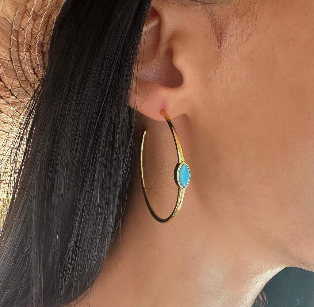Turquoise Hoop Gold Earrings - Marquise Shape Turquoise Stone Gold Waterproof - Lightweight, Hypoallergenic, Boho Chic Designer Earrings for Everyday Wear -Elegant Minimal Light Weight