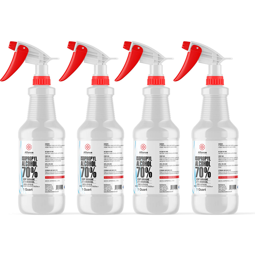 Alliance Chemical Isopropyl Alcohol 70% USP - 4 x 1 Quart Spray Bottles - First Aid Antiseptic Rubbing Alcohol for Skin Preparation
