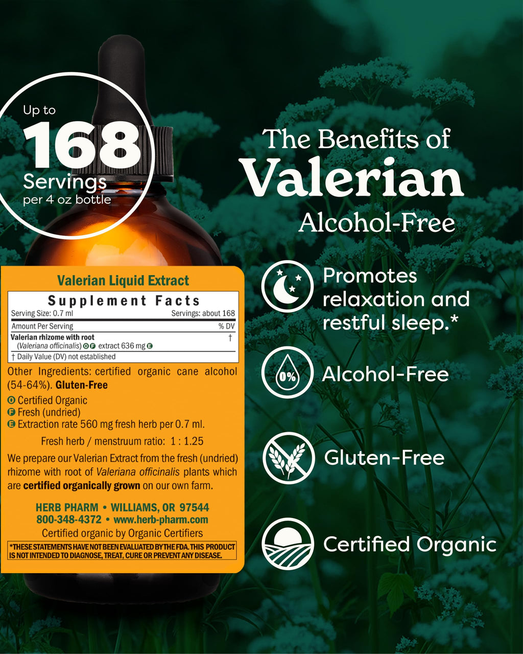 Herb Pharm Certified Organic Valerian Root Liquid Extract for Relaxation and Restful Sleep, Alcohol-Free Glycerite, 4 Ounce