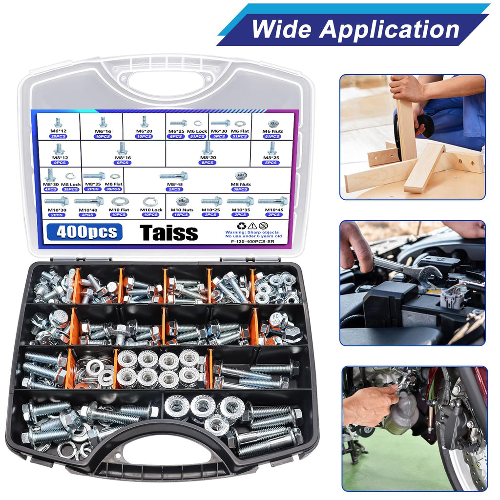 Taiss 400PCS Metric Flange Bolt Assortment kit,10.9 Grade M6x1.0/M8x1.25/M10x1.5 Bolt(12mm to 45mm) White zinc Plating Hex Metric Bolts and Nuts Washers,Nuts and Bolts Assortment kit (White)
