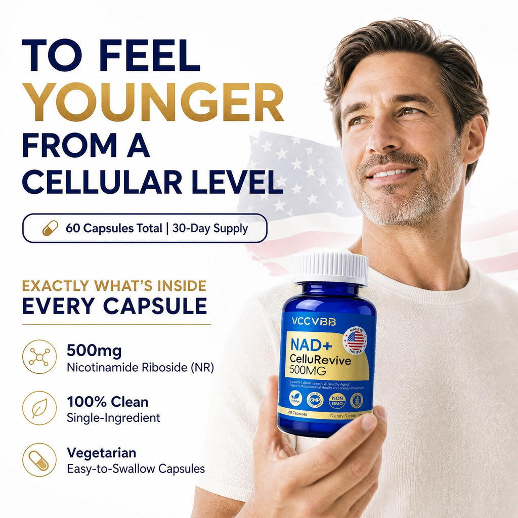 VCCVBB NAD+ Supplement 500mg - Nicotinamide Riboside for Cellular Energy & Mitochondrial Health, NAD Plus Boosting Support Healthy Aging, Stamina & Vitality for Women & Men - 60 Capsules