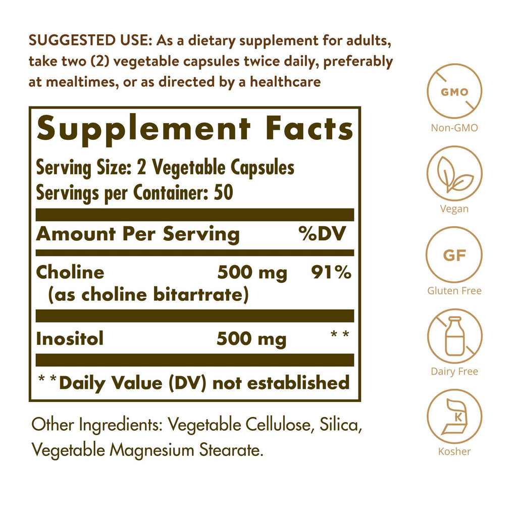 Solgar Choline/Inositol 500 mg/500 mg, 100 Vegetable Capsules - Energy Metabolism, Liver Health, Essential for Brain & Nerve Function - Non-GMO, Vegan, Gluten Free, Dairy Free, Kosher - 50 Servings