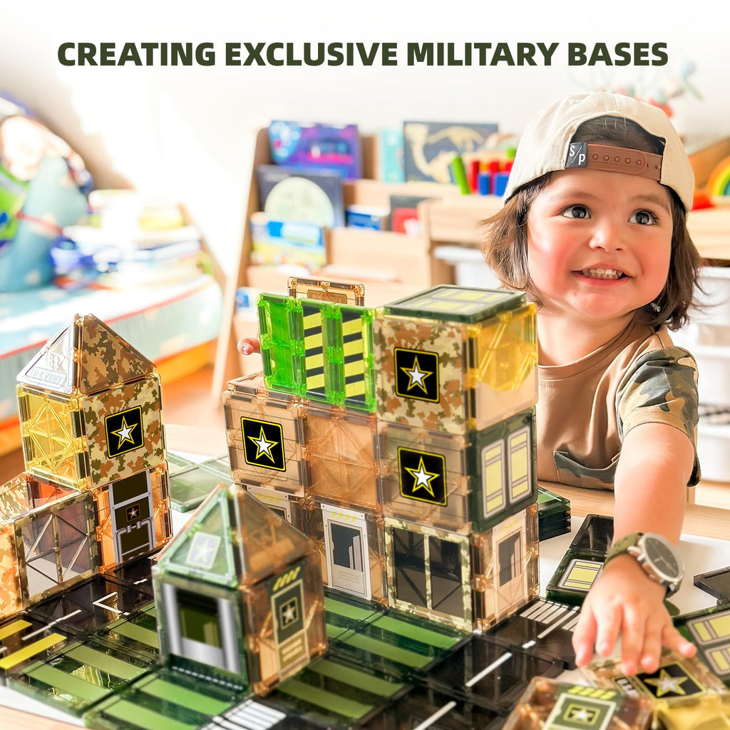 GobiDex Army Magnetic Tiles Road Set Building Toys for Boys 3+ Year Old, STEM Military Magnetic Blocks for Toddlers Construction Toys, Educational Sensory Magnets for Kids Birthday Gifts Boys & Girls