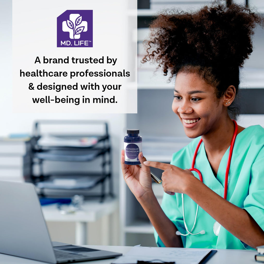 MD. Life Potassium Magnesium Supplement - 90 Capsules - Magnesium Potassium Supplement - High Absorption Complex - Support Vascular Health & Leg Cramp