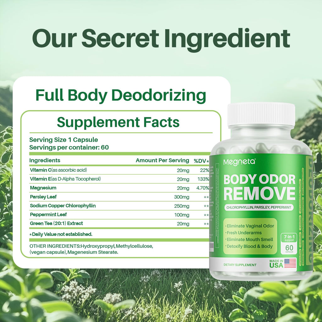 MEGNETA Body Deodorizing Supplement, Natural Internal Odor Control Pills for Men & Women, Chlorophyll Capsules for Skin, Breath and Gut Health (60 Capsules)