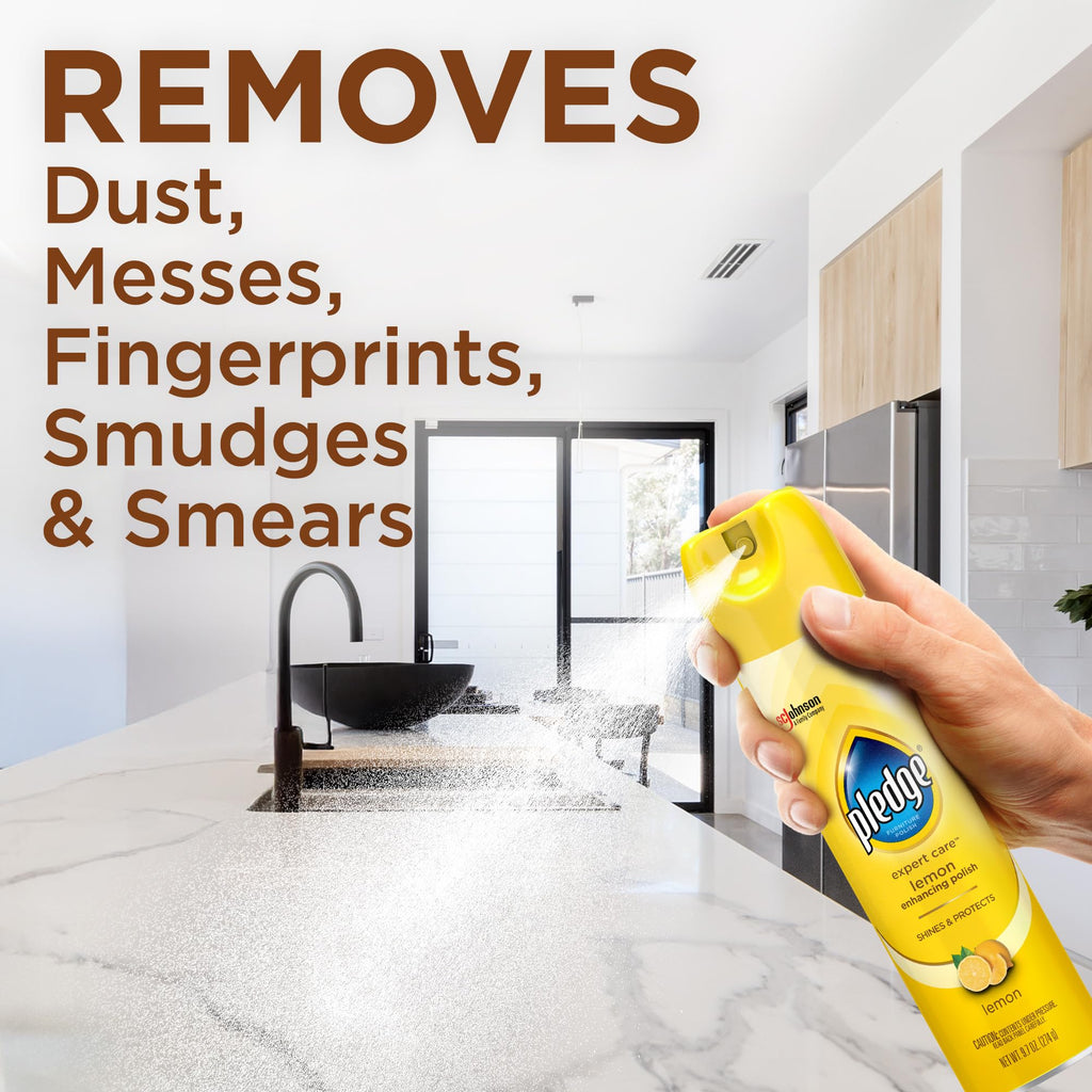 Pledge Enhancing Polish Spray, Wood Furniture & Stainless Steel Polish, Remove Dust and Fingerprints, Fast Shine and Protect, Prevent Scratches & Knicks - Lemon Scent, 9.7oz, Pack of 3