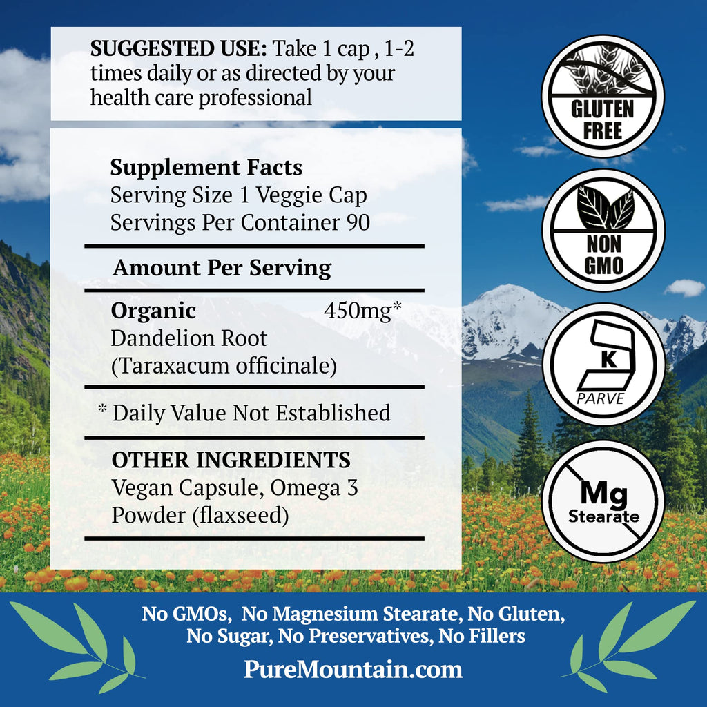 Pure Mountain Botanicals Dandelion Root Capsules - 450mg Organic Supplement - 90 Kosher Vegan Non-GMO Dandelion Pills