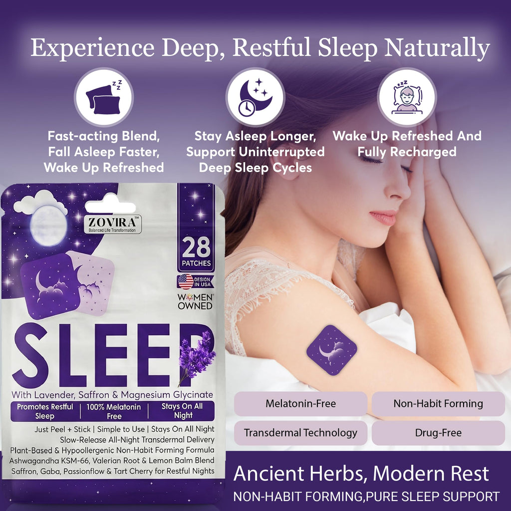 ZOVIRA Sleep Patches for Adults - Melatonin Free | Magnesium, Lavender & Ashwagandha | Non-Habit Forming Transdermal Sleep Aid | Hypoallergenic | 28 Count - Pack of 1