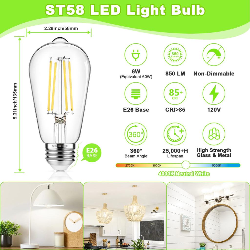 ASOMST 4-Pack Vintage Edison Bulbs 60W Equivalent, 850LM 6W LED Light Bulb Neutral White 4000K, ST58 Filament Lighting E26 Base, Non-Dimmable